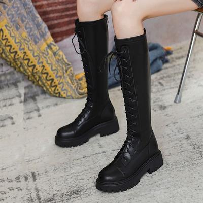 Lange Stiefel Damen Herbst und Winter neue dünne Riemen Martin Stiefel aber Knie Lederstiefel dicksohlige hohe Ritterstiefel