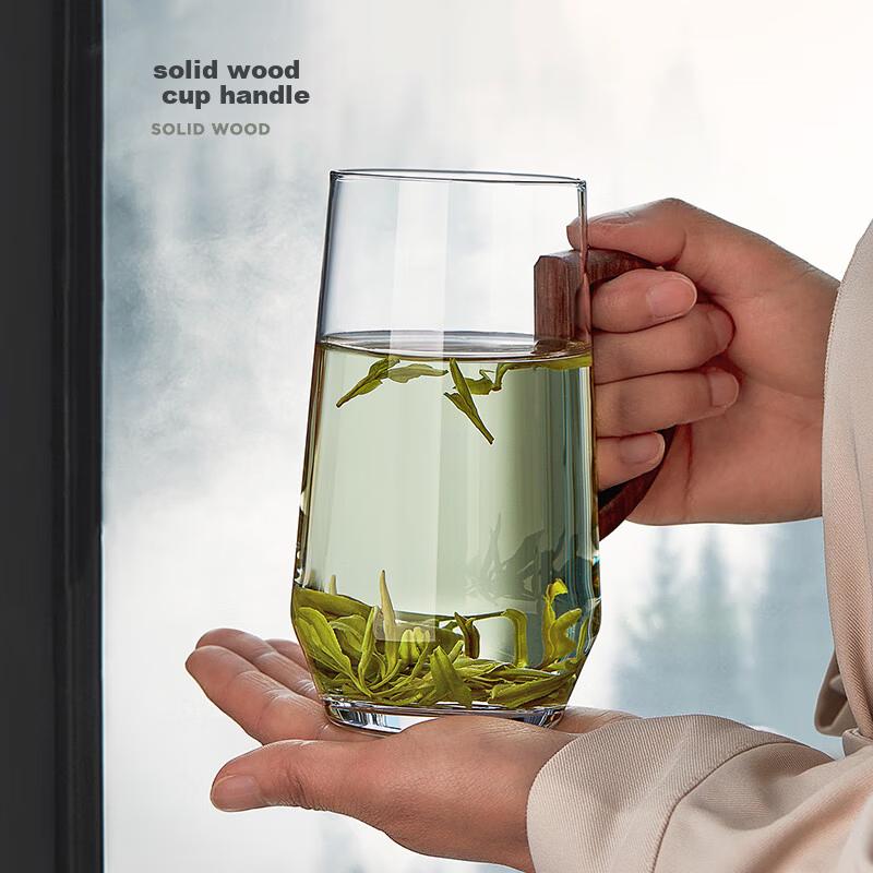 Green Tea Glass Cup with Wooden Handle High Temperature Resistant Transparent Tea Drinking Cup