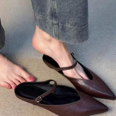 2025 New Style Pointed-toe Thick-soled Toe Half-slipper French One-button Strap Fashionable Shallow Mouth Muller Shoes