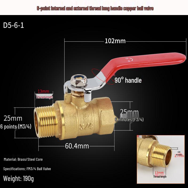 Copper Ball Valve, Female to Male, Multiple Thread Sizes, Quick Open Long Handle for Tap Water Pipe.