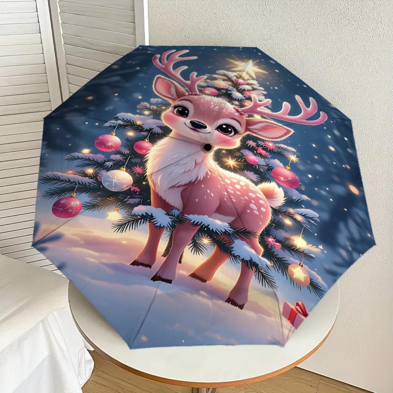 1 Stück Weihnachts-Regenschirm mit Hirsch-Motiv, automatisch auf- und zuschlagbar, winddicht, 8-Speichen stabiles Dach, langlebige Speichen, modisches Design, Outdoor-Accessoire, lustiges Druckmotiv,