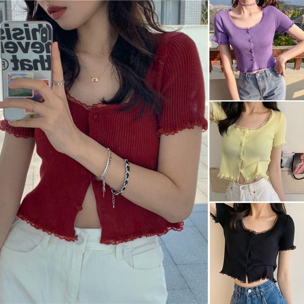 Korean Style Summer Spring Lace T-shirt Button Crop Top Slim Fit Knitted Cardigans