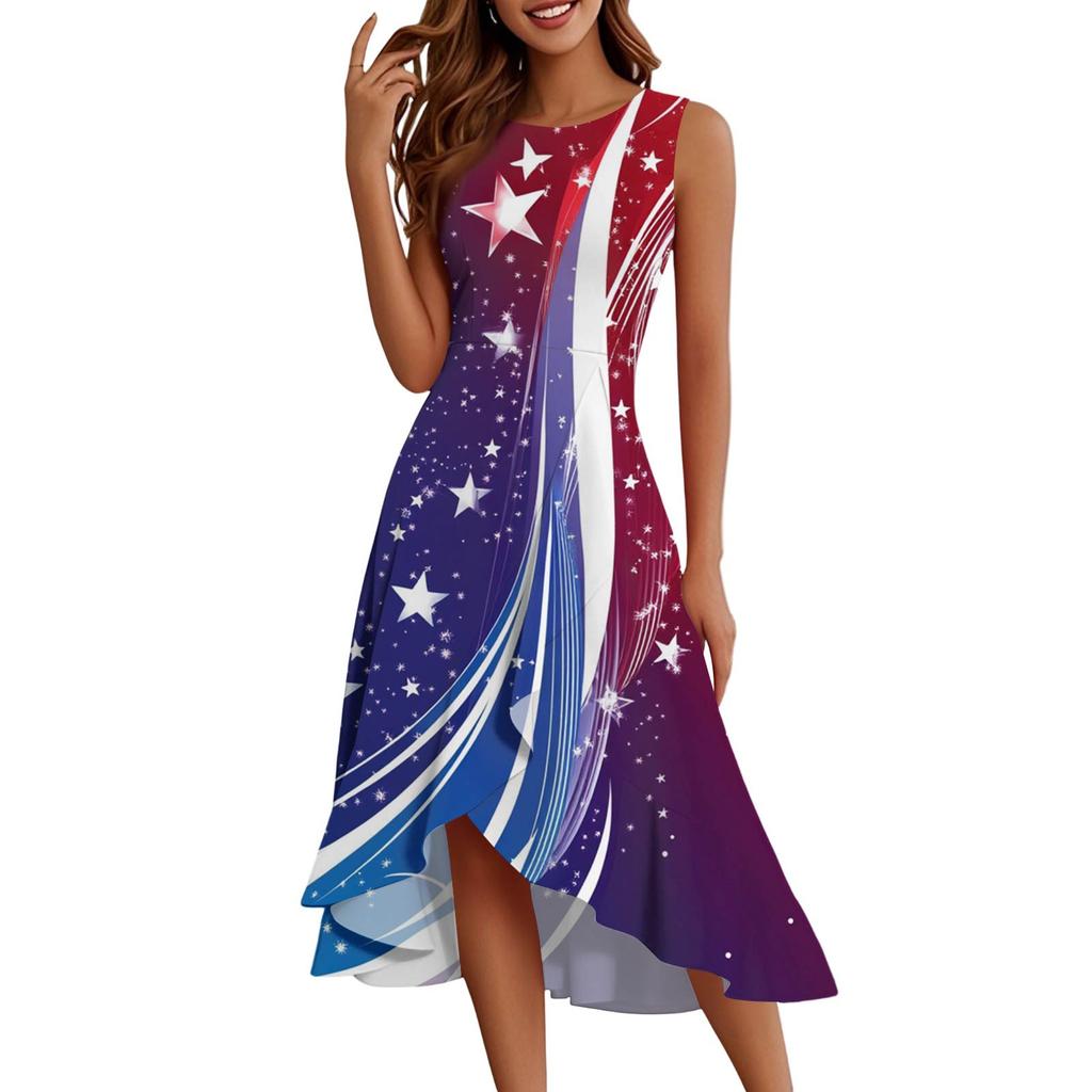 Women's Fashion Casual Zip Sleeveless Round Neck Independence Day Printed Elegant Temperament Ruffles Dress Dresses