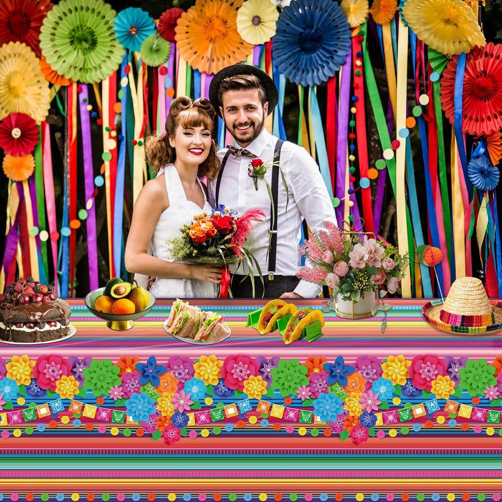 4 Pcs Mexican Fiesta Tablecloth Cinco De Mayo Plastic Table Cover Mexico Colorful Striped Paper Flower Table Cloth Mexican Holiday Theme Rectangle