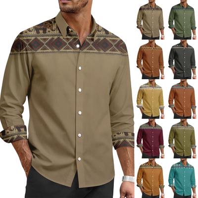 Men's Casual Stylish Retro Texture Printed Shirt - Men's Lapel Buttoned Long-sleeved Top