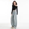 2025 Spring Women's High-Waisted Wide-Leg Jacquard Jeans - Slimming, Floor-Length