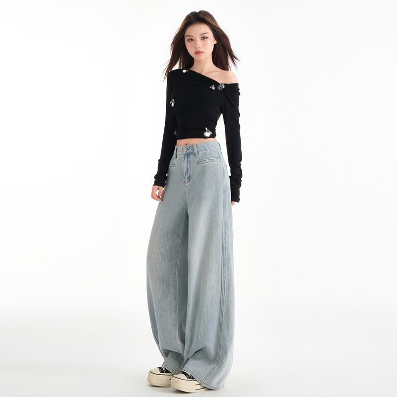 2025 Spring Women's High-Waisted Wide-Leg Jacquard Jeans - Slimming, Floor-Length