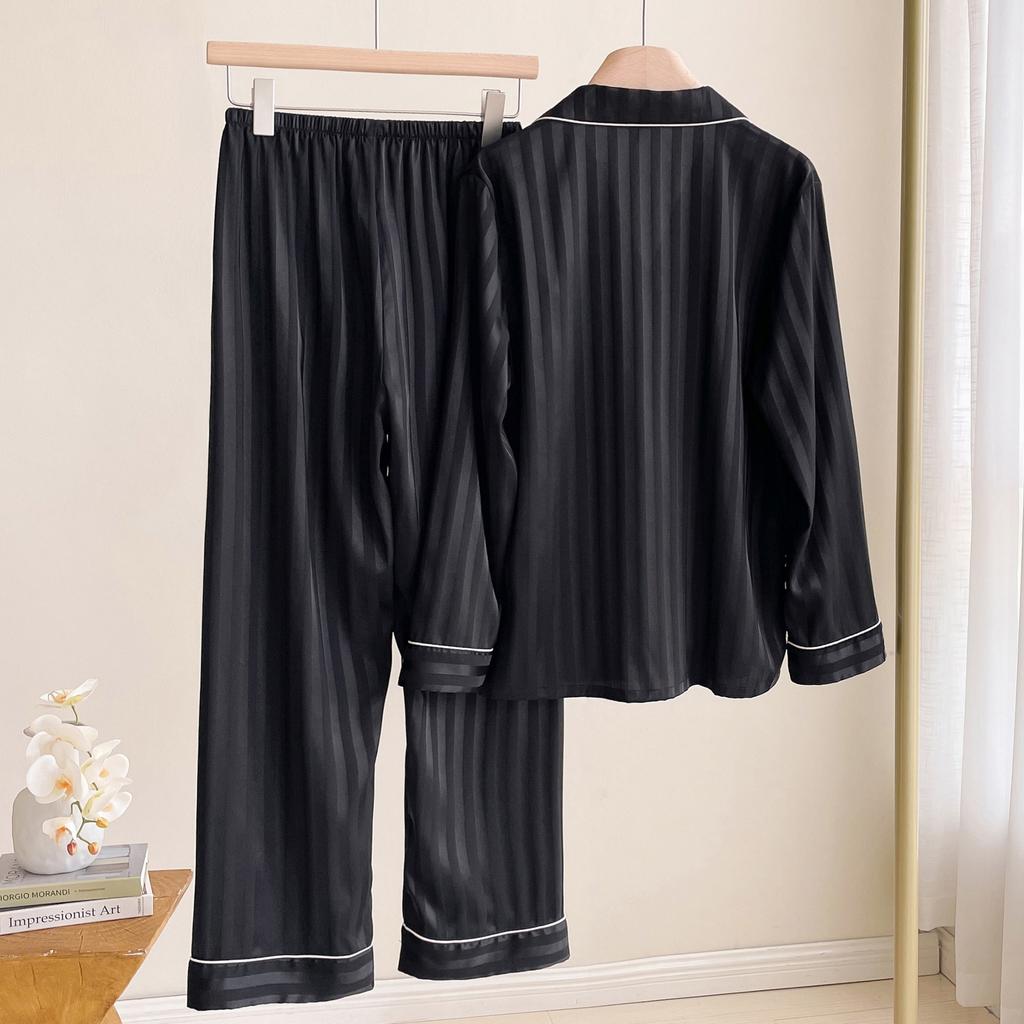 Gestreiftes Pyjama-Set für Damen aus Satin, langärmelig, Revershemd, Nachtwäsche, sexy Dessous, Heimkleidung, lockere Nachtwäsche, Loungewear