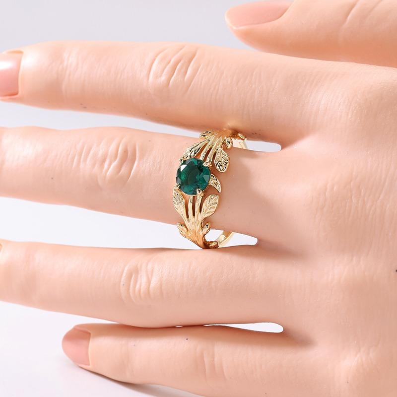 Vintage Inlaid Green CZ Leaf Women's Ring Ethnic Gold Color Hand Carving Daily Wear Party Jewelry Anniversary Gift