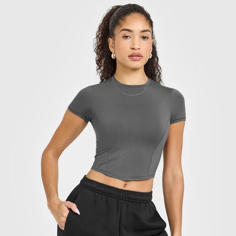 

Irongirl Yoga Short Sleeve Women s Silm Slim Looking Short Sports Tops Sexy round Neck Workout Clothes T-shirt Blouse Carbon Gray M