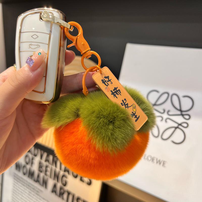 Persimmon Rex Rabbit Fur Pompon Car Keychain & Bag Charm – Good Fortune Pendant