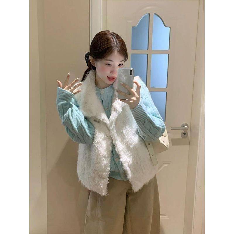 Französisches High-End vielseitige Plüschweste Weste Jacke + blaues Zopfstrick Cardigan Pullover Zweiteiler Set