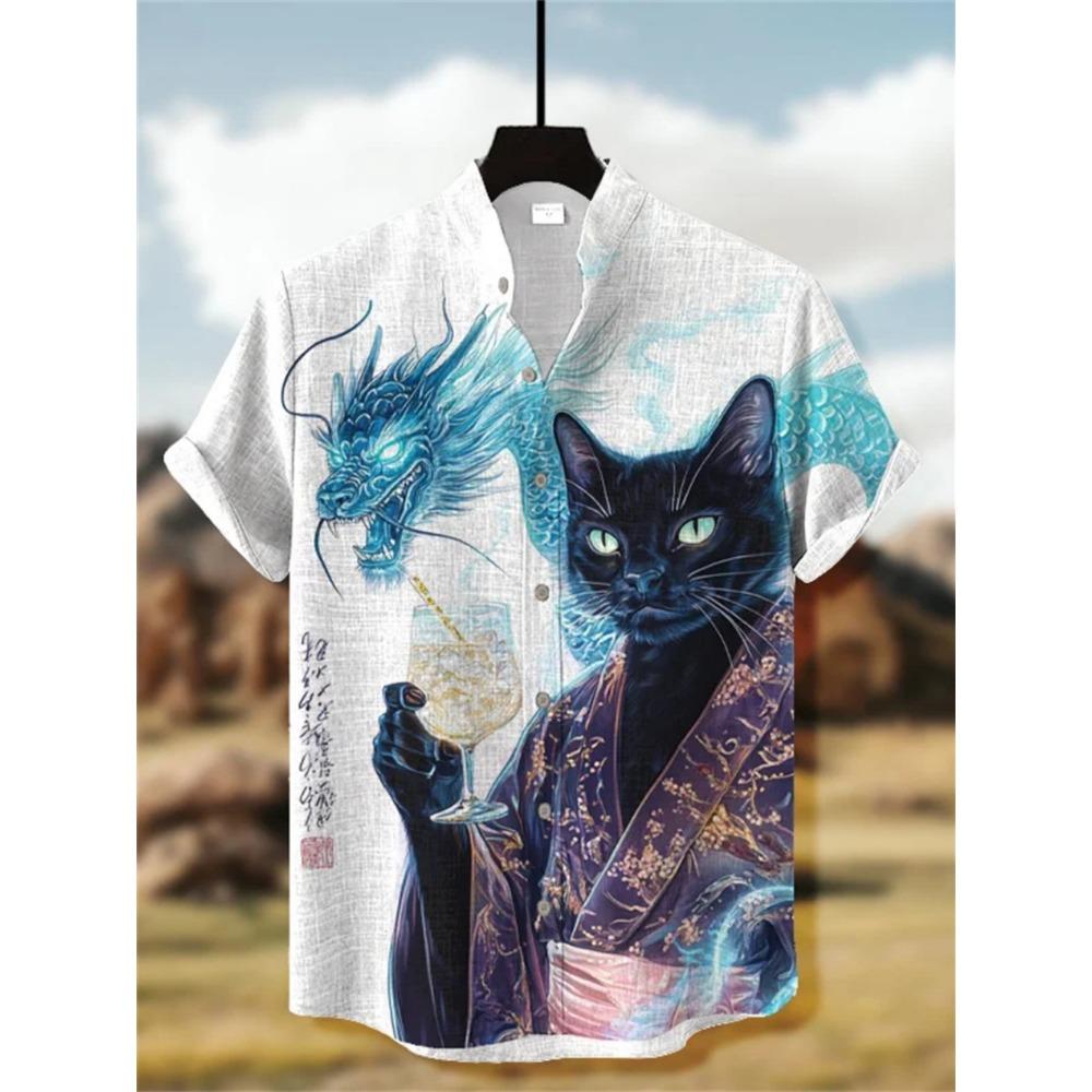 Men's Japanese Style Kimono Cat Printed Linen Shirt Summer Fashionable Stand Up Collar Short Sleeve