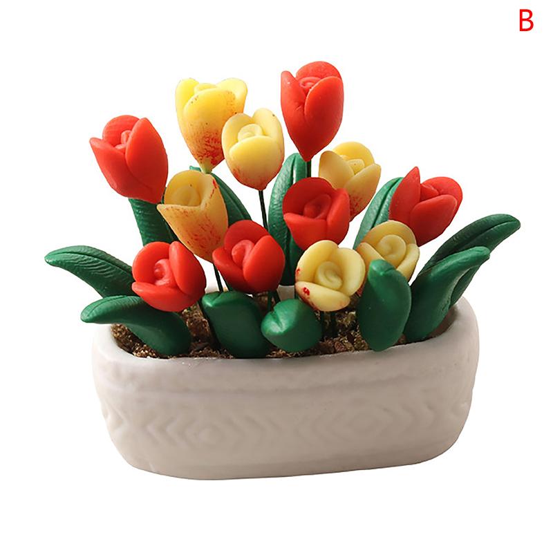 

1:12 кукольных миниатюрных тюльпанов в горшках для растений, бонсай, садовая модель, декор, игрушка, кукольный домик, аксессуары