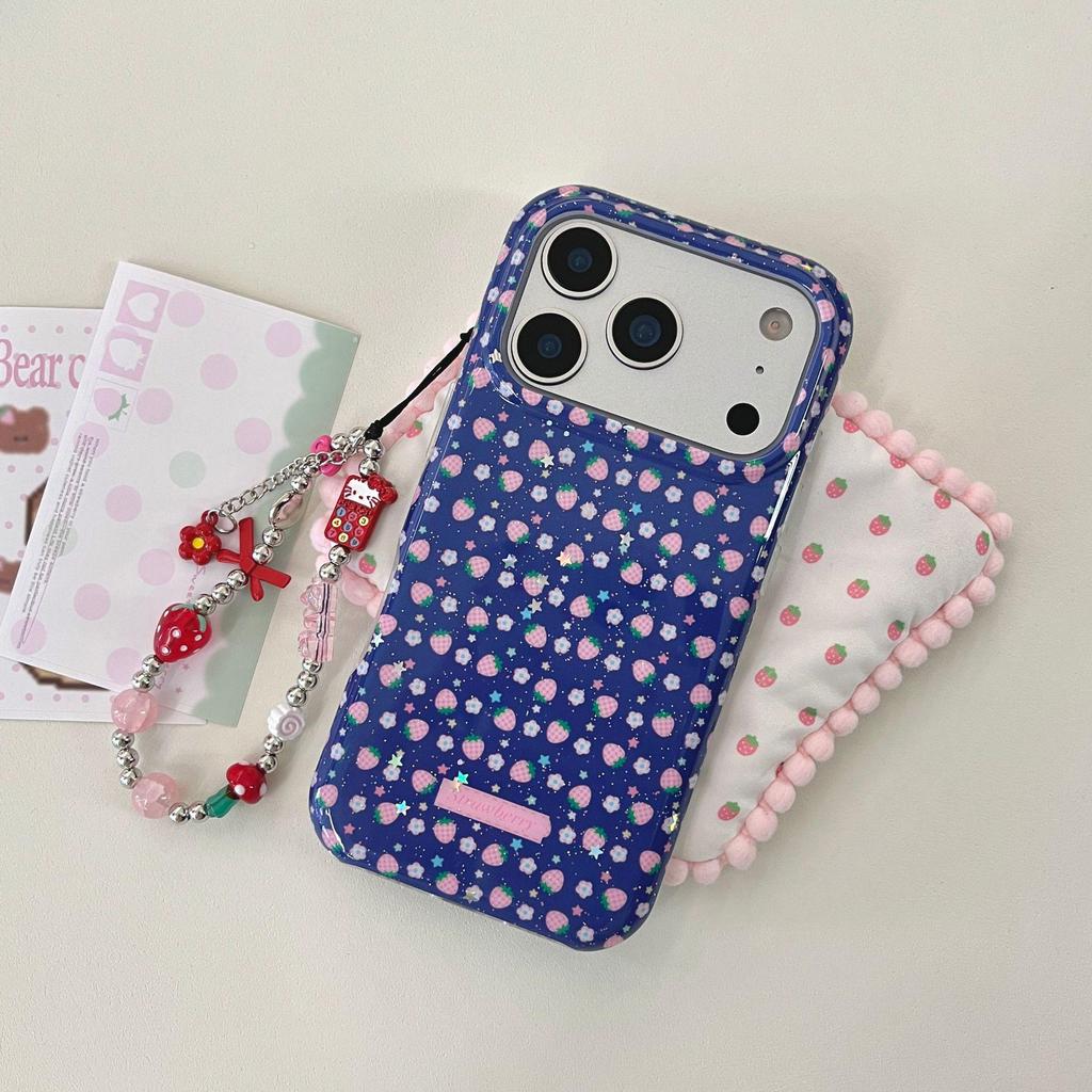 Korean Style Strawberry iPhone 14/15/16/17 Pro Max Blue Phone Case for Women
