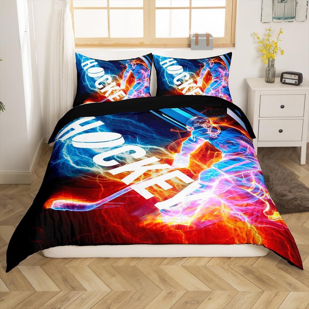 Erosebridal Ice Hockey Bedding Set Twin Hockey Player Duvet Cover for Kids Boys Girls Teens Juvenile Sports Game Comforter Cover Set Soft Mi
