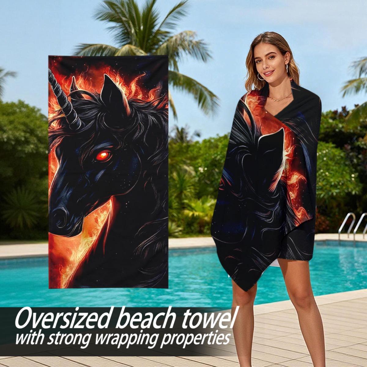 

Dark style flaming unicorn polyester microfiber beach towel is highly absorbent, suitable for swimming and beach outings W30*H60(CM)