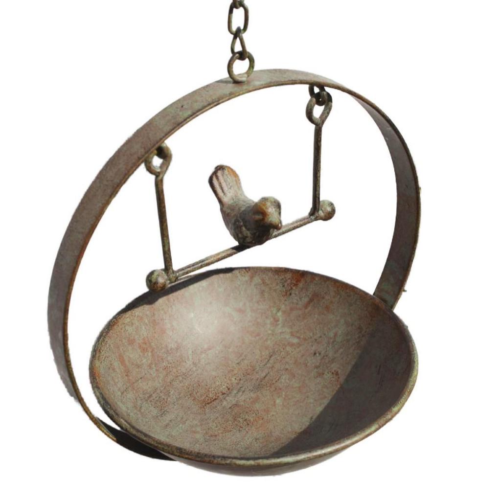 Wrought Iron Aged Green Bird Swing Feeder & Waterer