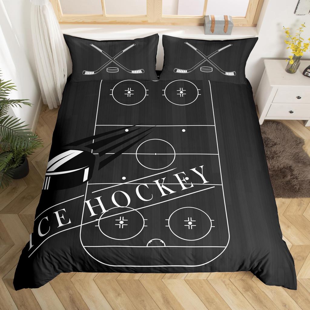 Ice Hockey Duvet Cover For Kids Boys Girls Teens Lightweight Quilt Covers Winter Sports Bedroom Decor Hockey Player Bedding Sets
