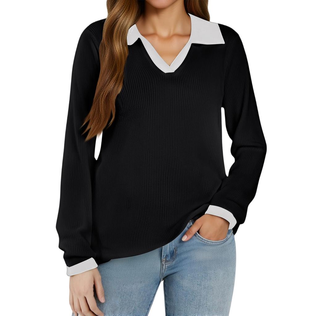 Women's Fashion Casual Colorblock Comfortable Lapel Long Sleeve Knitted All- Sweater Top