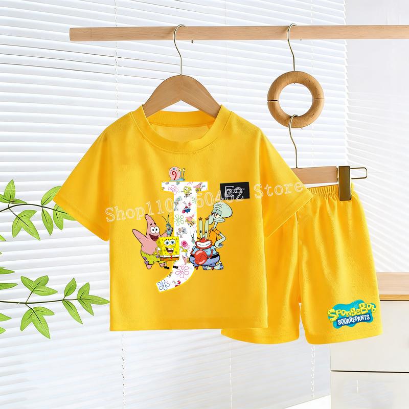 SpongeBobs T-shirt Shorts Set Kids Cute Letter A-Z Tees Pants Children Summer Outdoor Sports Short Sleeve Trousers Boy Girl Gift