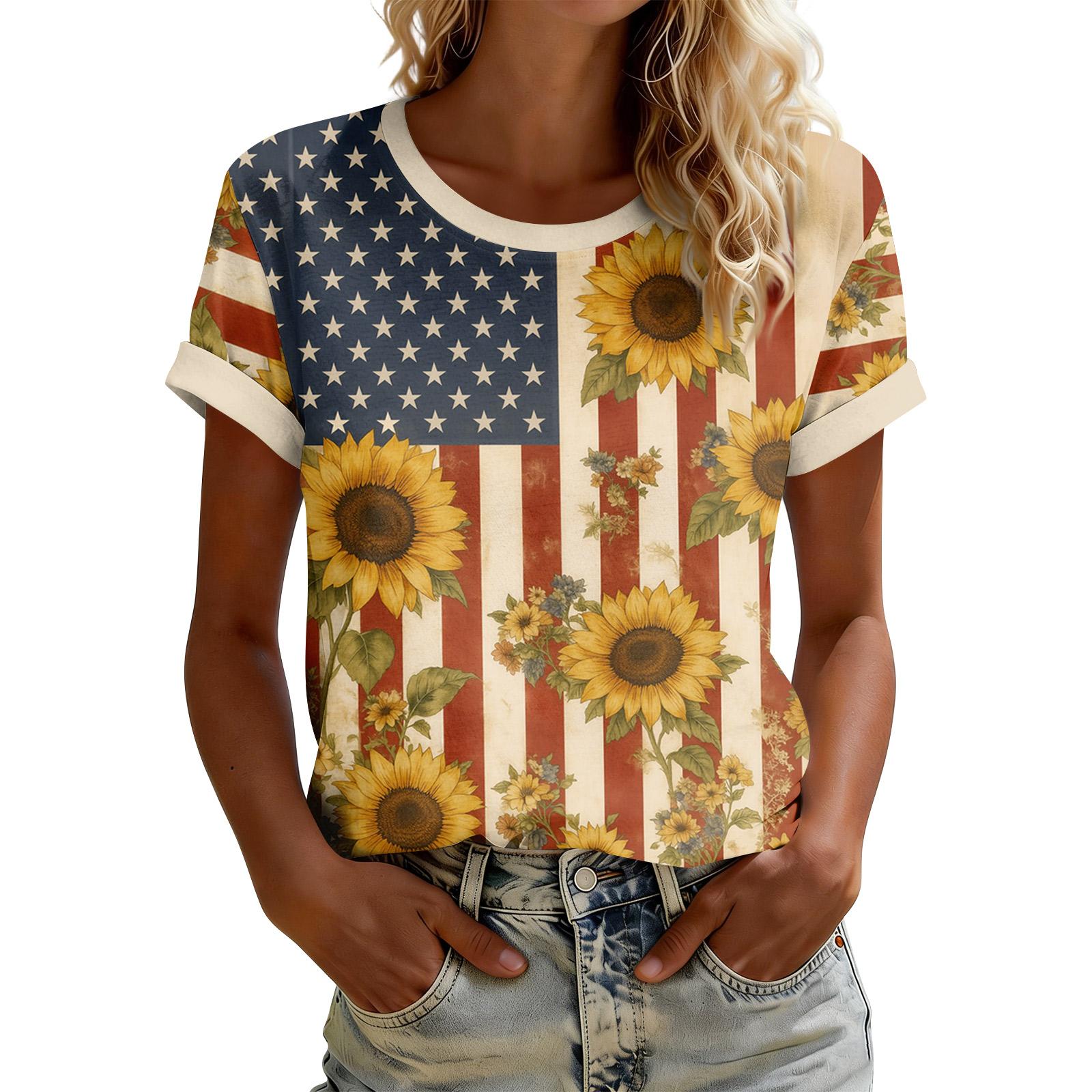 

Women s American Floral Patchwork Print Casual T-Shirt 0Th Anniversary USA Shirt Patriotic Tshirt XXL жёлтый
