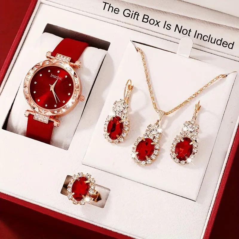 Elegant Women's 5-Piece Watch & Jewelry Gift Set: Quartz Watch, Necklace, Ring, Earrings