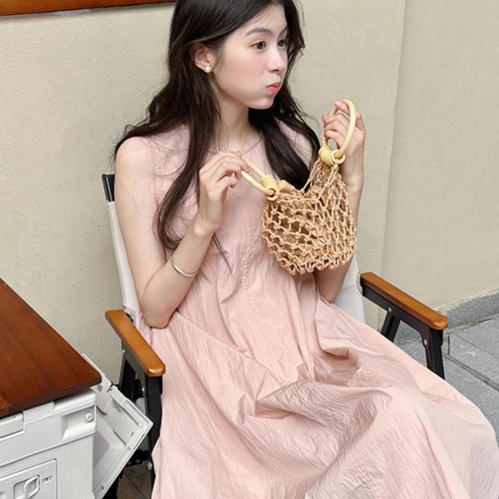 LC French high-end pink sleeveless vest dress women's summer seaside vacation loose and thin temperament