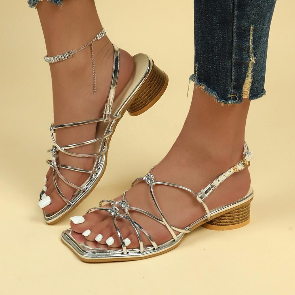 Fashion Sexy Cross Thin Strap Roman Style Thick Heel Sandals for Women 2025 Summer Advanced Solid Color Square Toe Open Toe Sandals