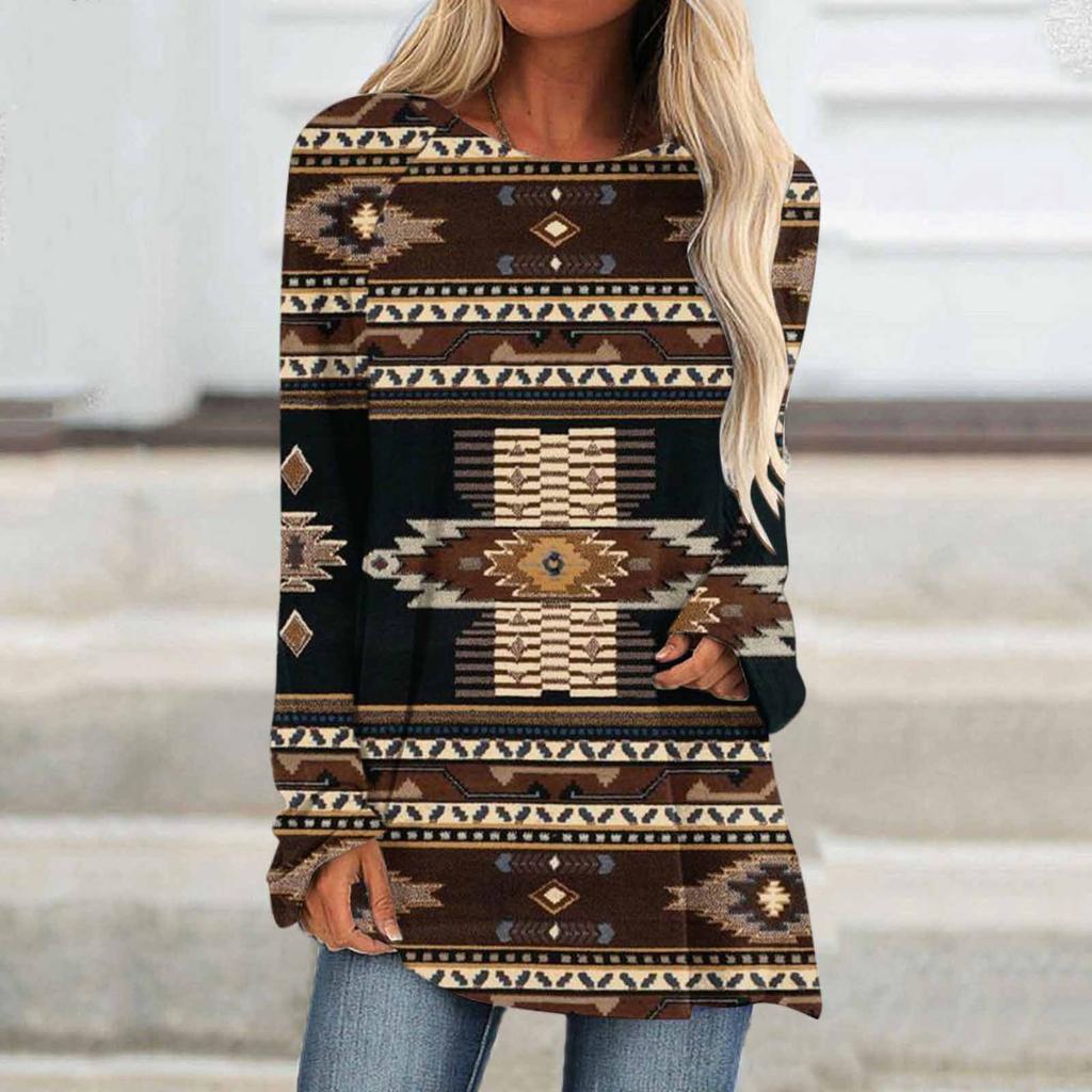 Ethnic tribe geometric print autumn casual comfortable women's long sleeve T-shirt Urban street trend fashion women long sleeve