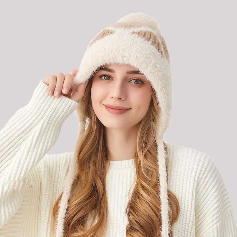 Knitted Hat Women's Autumn Winter Cartoon Cat Ears Elastic Wool Hat Three Hair Balls Ear Protection Wool Hat