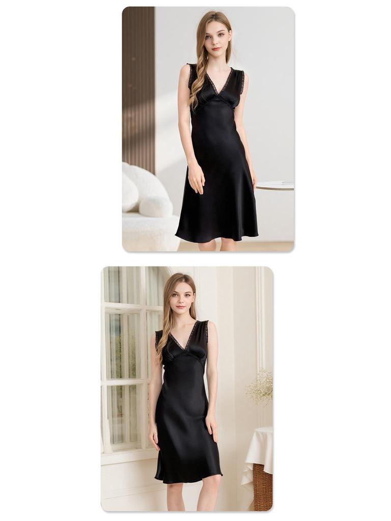 Luxurious Mulberry Silk French Nightgown - Women's V-Neck, Wide Shoulder Straps, Mid-Length