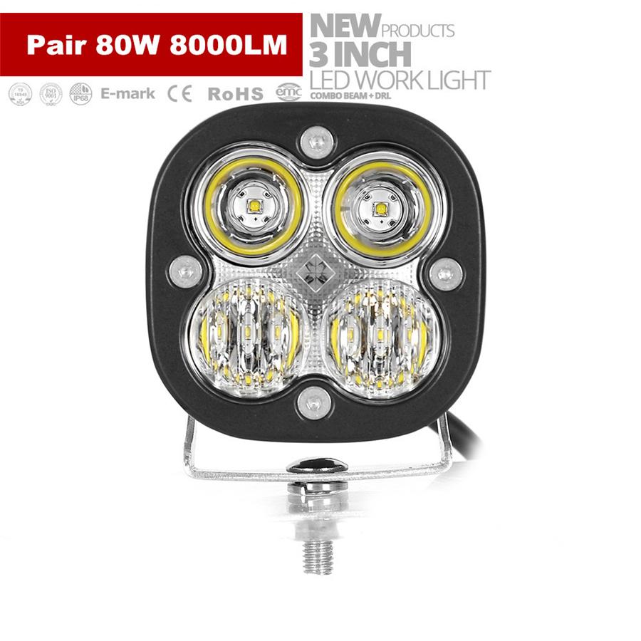 2pcs 3.1" 80W LED Work Light Bar Combo Off Road Driving Fog Lamp Super Bright 8000LM LED Work Light for Truck Car ATV SUV ATV