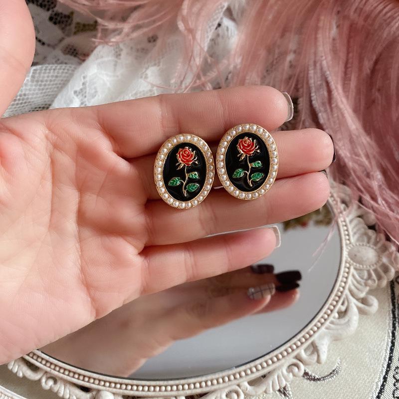 Exquisite French Retro Rose Enamel Pearl Brooch & 925 Silver Needle Earrings for Women