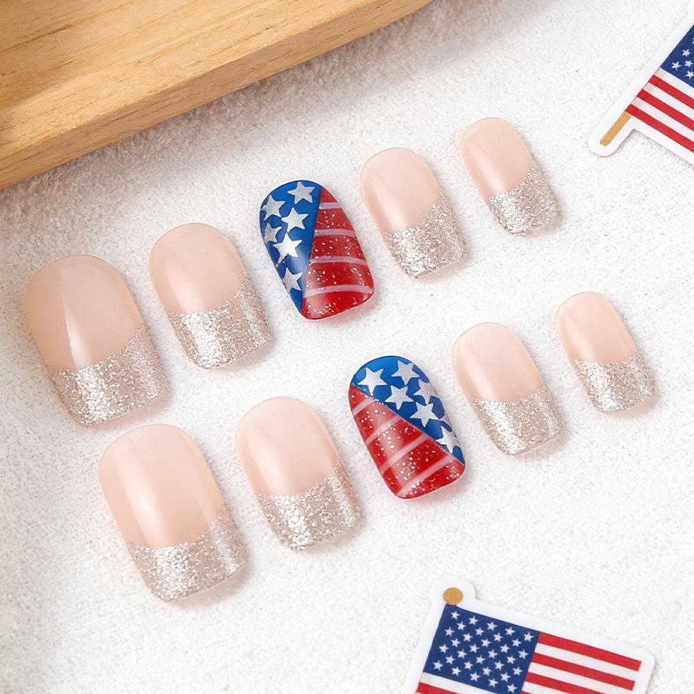 24-Piece French Silver Glitter Glossy False Nail Set with Art Stickers for Independence Day