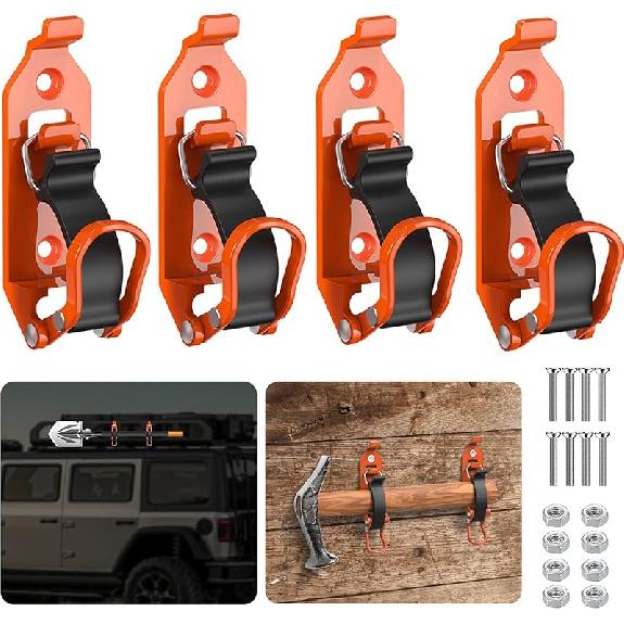 Metal Rubber Shovel Mount, Shovel Mount for Roof Rack/ Truck /Truck Bed, Axe Jeep Utv Offroad Shovel Mount,Shovel Holder for Truck &Clamp Wall Orange 4Pcs