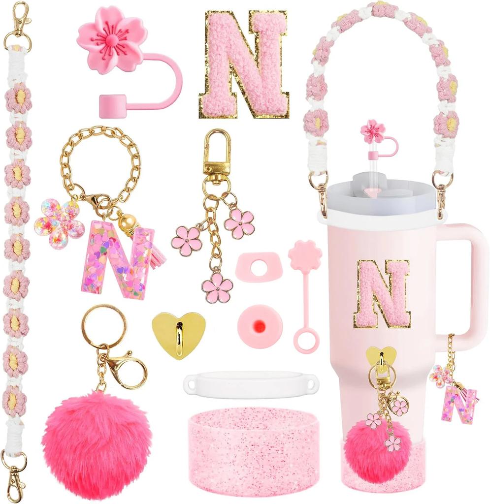 12PCS Cup Accessories for Stanley Cup,Straw Cover Cap 30oz 40oz Water Bottle Handle Strap,Boot,Chains,Personalized Sticker