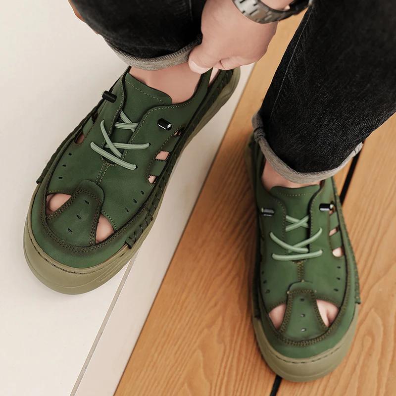 Fashion Men Fashion Summer New Style Leather Sandals Toe Cap Outdoor Sports Hollow Leisure Beach Sandals Man Hand Sewn Thread Mesh Shoes