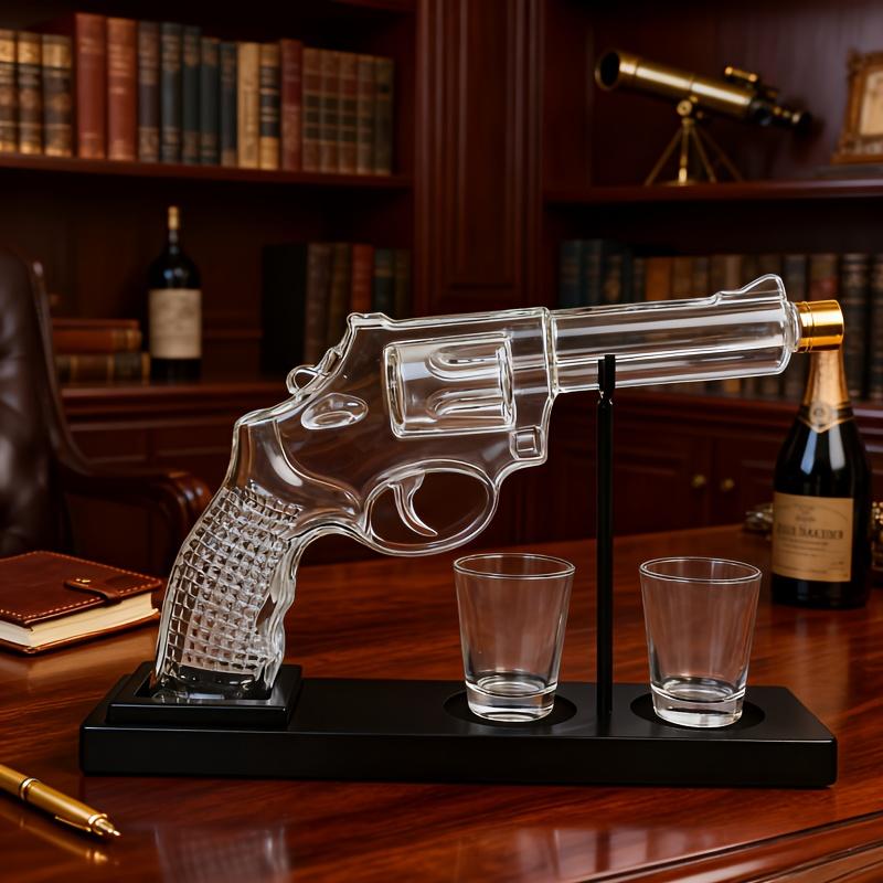 4Pcs (1pcs spirit bottle + 2pcs cups + 1pcs bottle rack) pistol shaped glass bottle set, ideal anniversary gift for men, whiskey glass set.