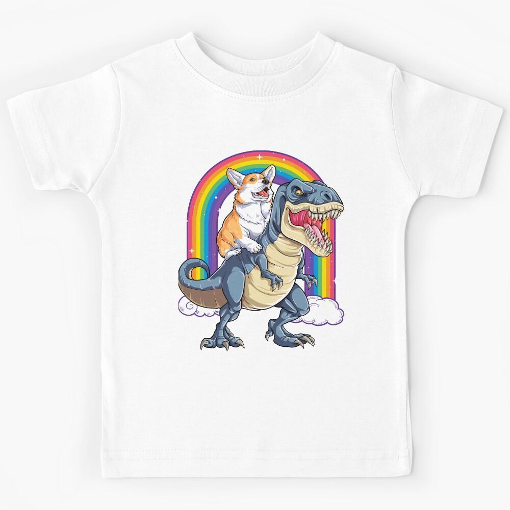 Corgi Riding Dinosaur T rex Shirt Funny Rainbow Dog Kids T-Shirt 160