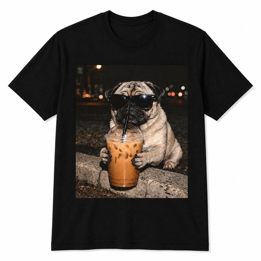 Pug Drinking Iced Coffee Funny Dog Meme T-Shirt Dog Lover Tee