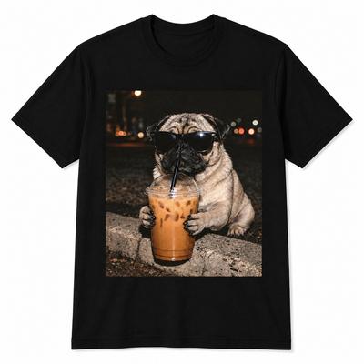 Pug Drinking Iced Coffee Funny Dog Meme T-Shirt Dog Lover Tee