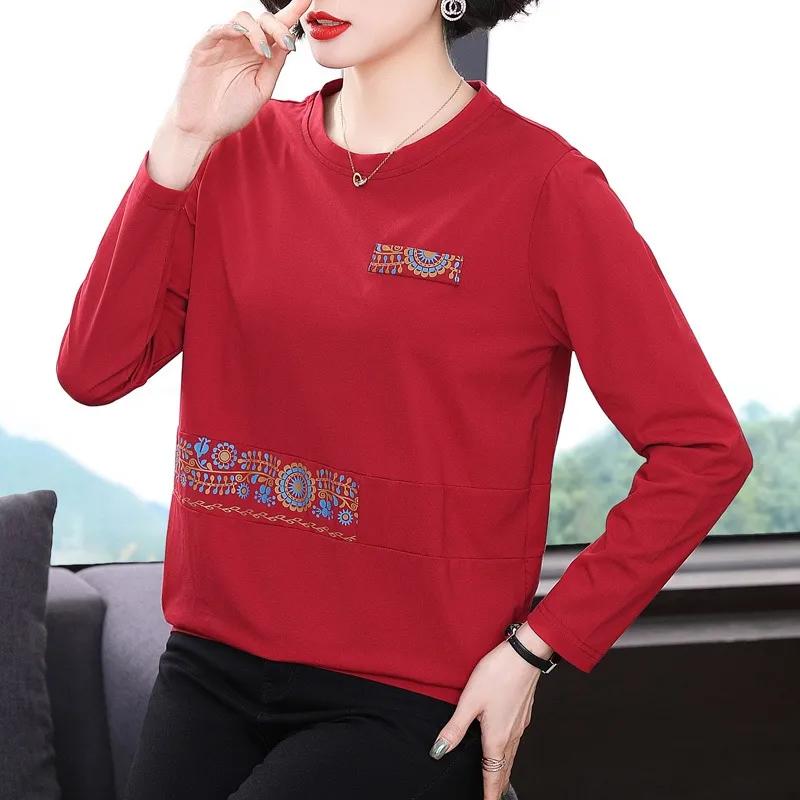 Mittleren Alters Mutter Reines Baumwoll-T-Shirt Damen Neu Chinesisches Neujahr Rot Mode Oberteil Kleidung Frühling