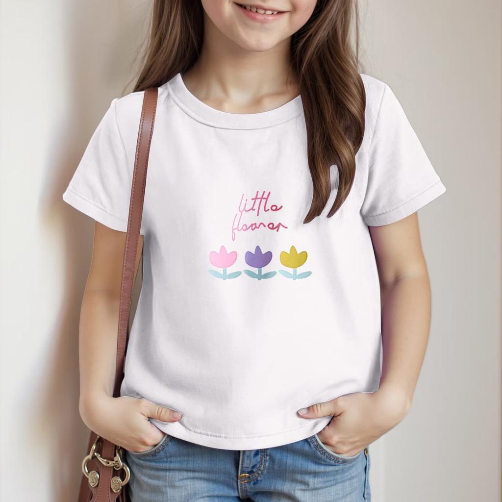 Girls Floral Print Short Sleeve T-Shirt Crew Neck Casual Top Lightweight Comfortable Fit for Everyday Wear