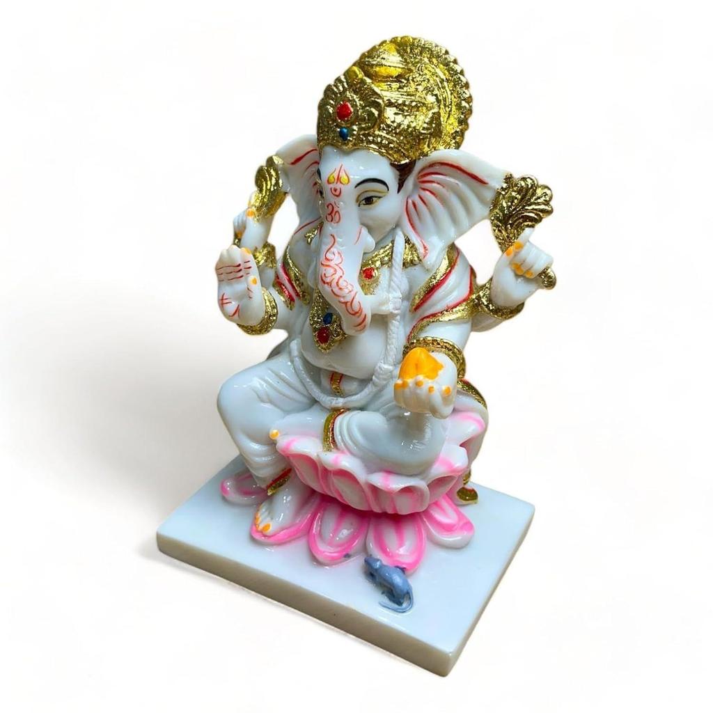 Handmade Marble Dust Lord Ganesha On Lotus 7 Inch for Diwali Flower God Idol Art Figurine for Home Car Dashboard Ganpati Murti Temple Pooja Decorative