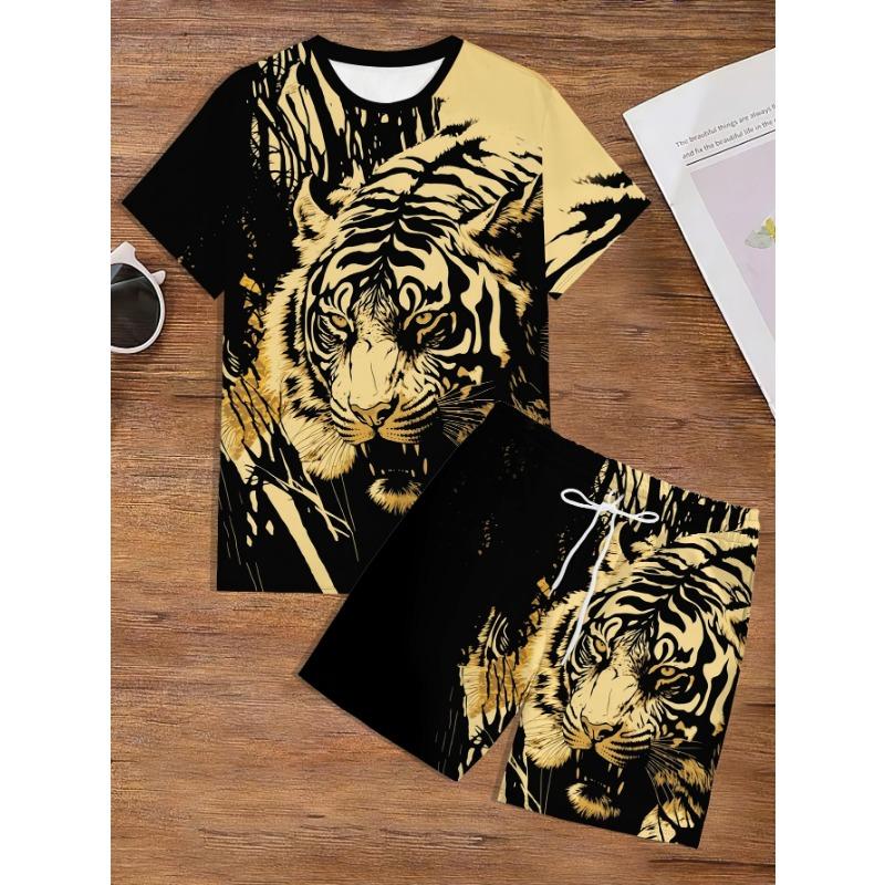 Men's Casual Animal Suit: O-Neck Top with Bold Tiger Design & Elastic Waist Shorts. Trendy Activewear for Daily Lounge