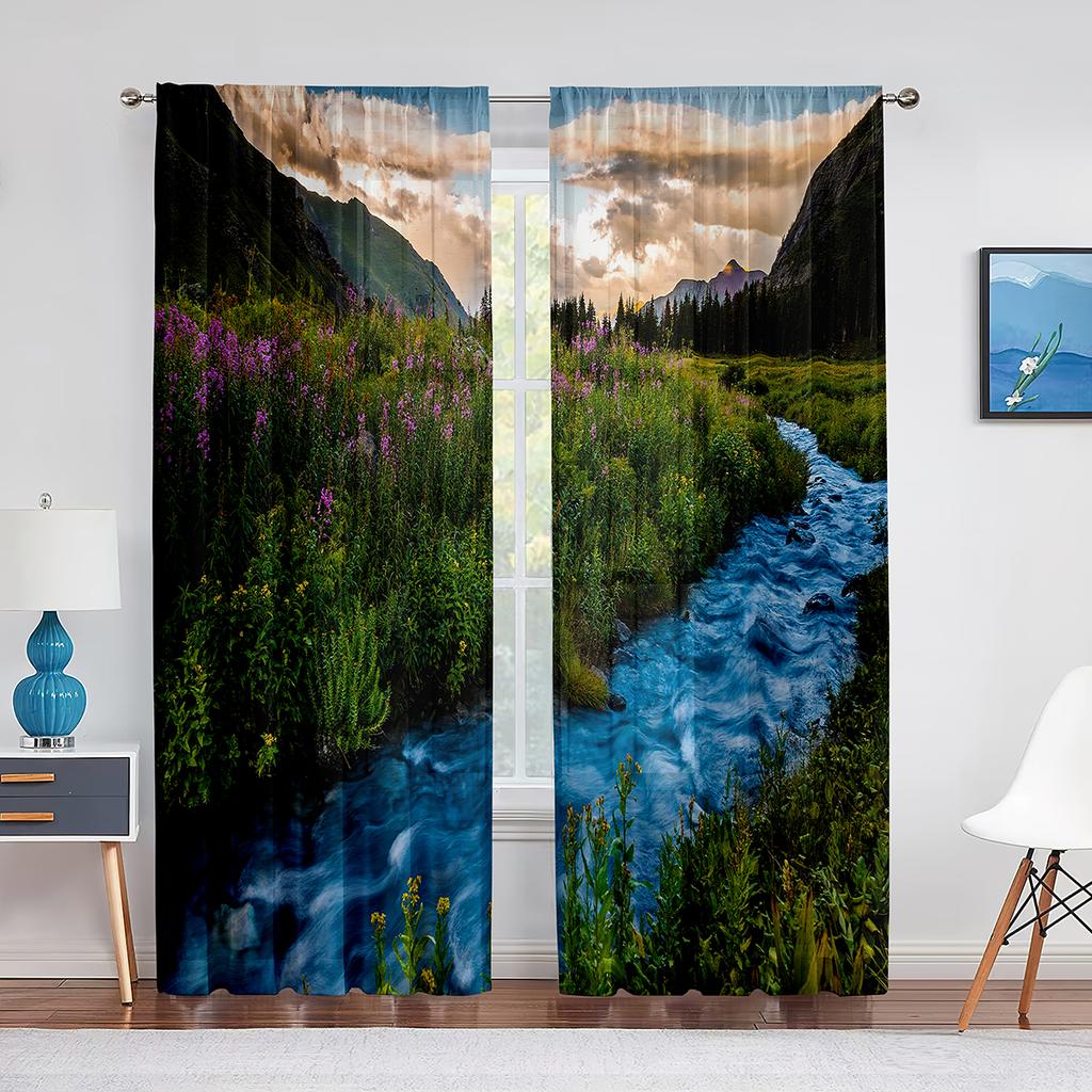 Gras Blumenfeld Berglandschaft Natur Tüll Vorhänge für Wohnzimmer Chiffon Transparent Voile Küche Schlafzimmer Vorhang Drapierungen