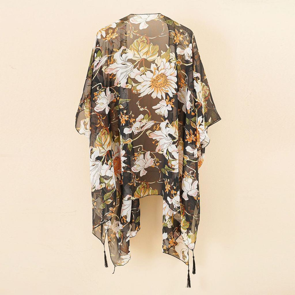 Beach Swimwear Cover Up Chiffon One Size Black Tassel Floral Print Swim Cover Up for Water Park Vacation