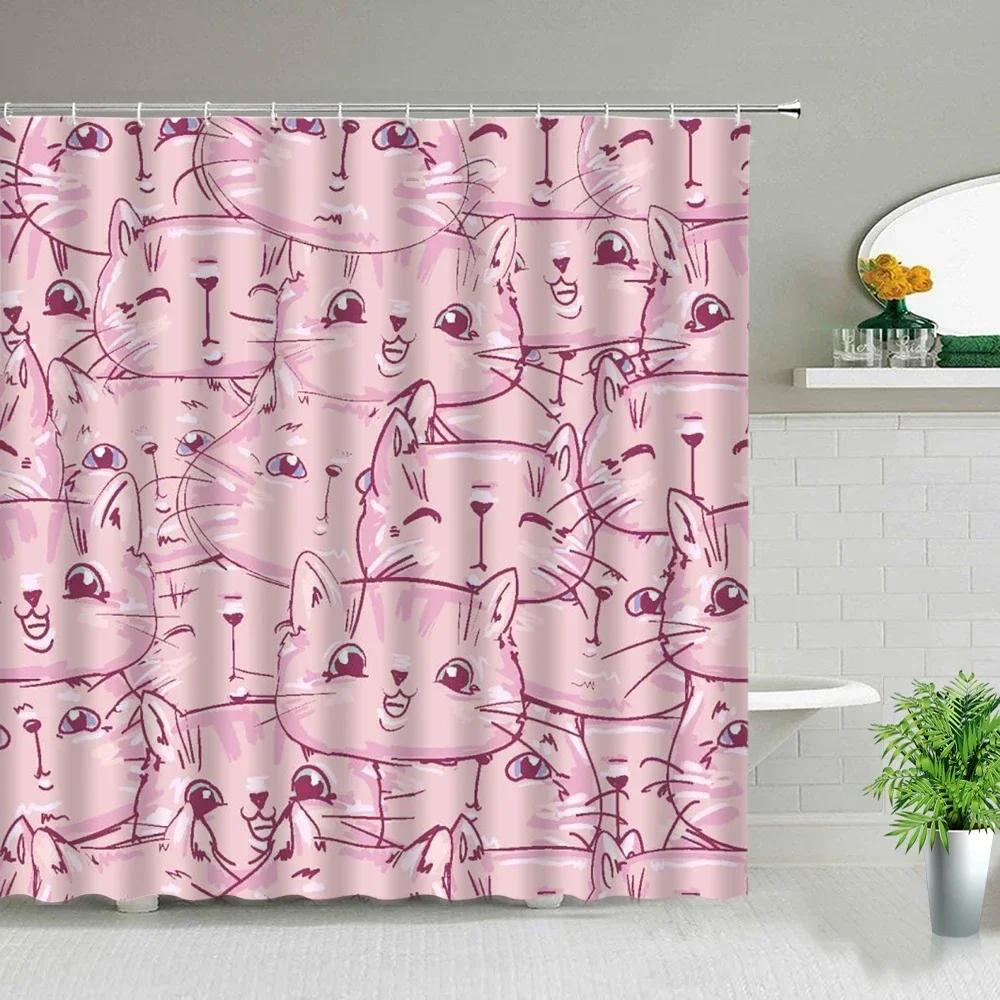 Funny Little Cat Dog Bathing Shower Curtain Cartoon Animals Printed Bathroom Curtain Set Waterproof Polyester Fabric Bath Screen