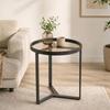 Round Side Table with Tempered Glass Top and Geometric Metal Frame for Small Space, Black